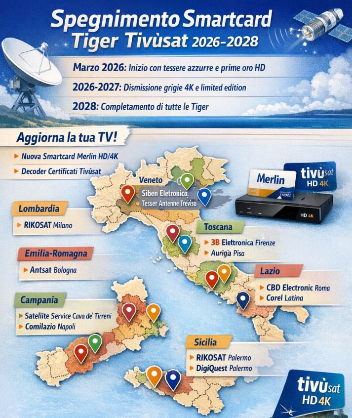 Spegnimento Smartcard Tivùsat Tiger 2026-2028: Date per Regioni e Città Italiane